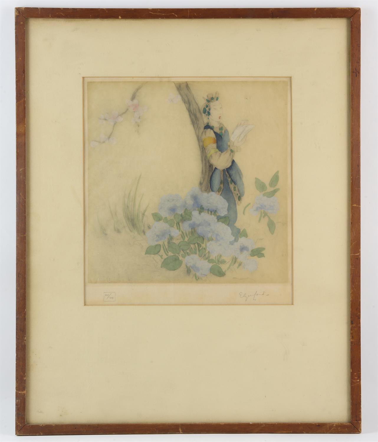 Elyse Ashe Lord (1900-1971), Girl with Hydrangeas, colour etching, signed lower right, - Image 2 of 2