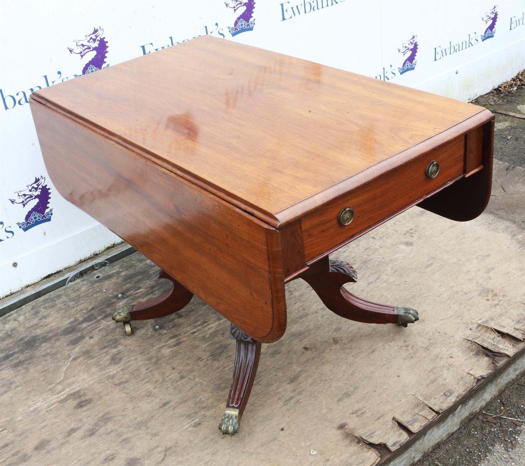 A George IV mahogany pedestal pembroke table, 1820s, the sold top above two drawers, - Image 9 of 12