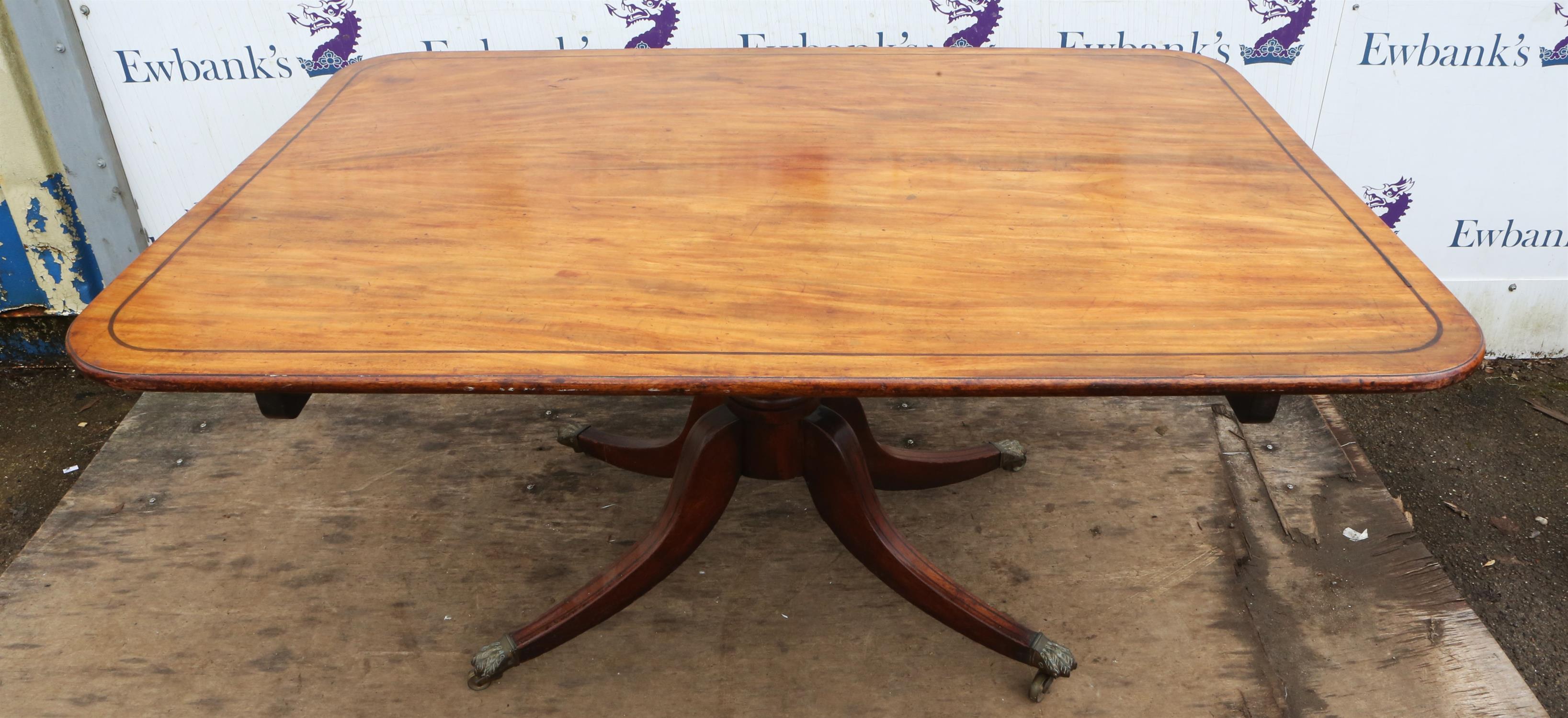 A Regency mahogany breakfast table, ebony banded, the tilt-top with rounded corners, - Image 2 of 3