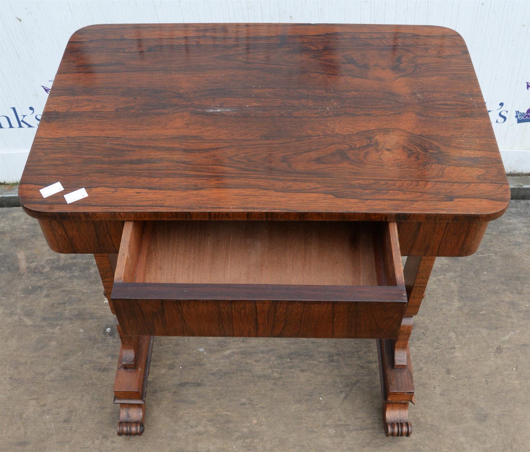 Rosewood side table, 19th Century, the rectangular top with frieze drawer, on shaped end supports - Image 4 of 4