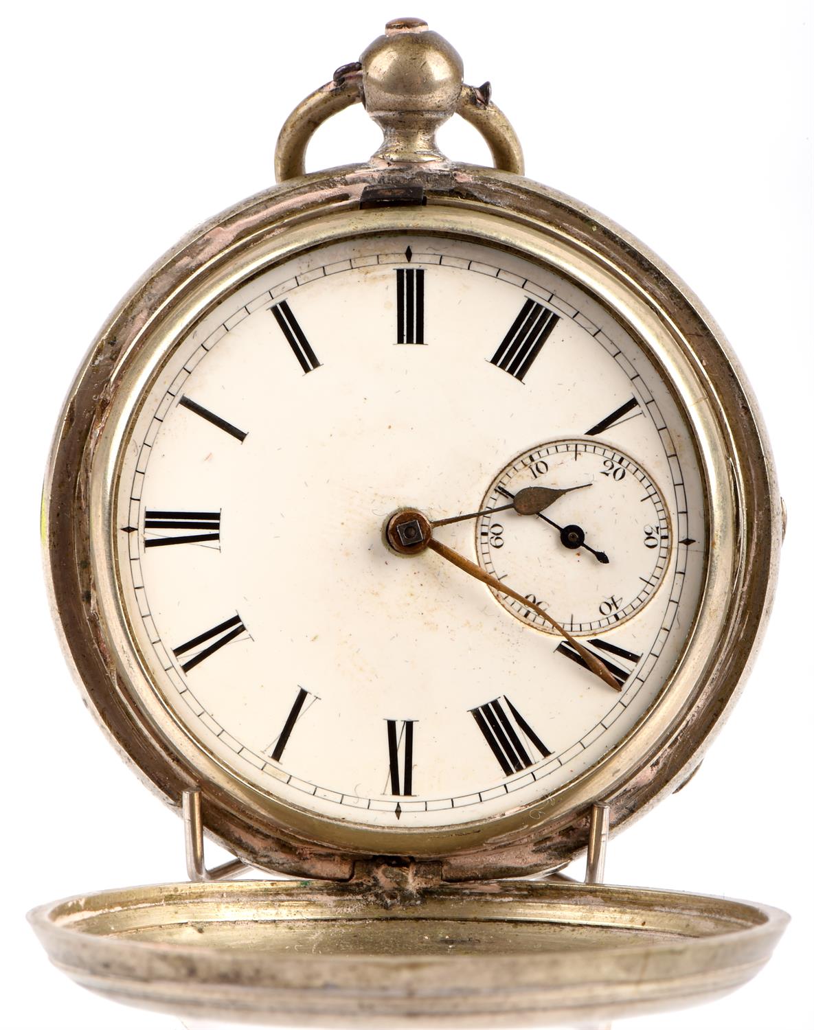 A silver hunter pocket watch with unsigned white enamel dial, keywind movement, a ladies open face - Image 7 of 8