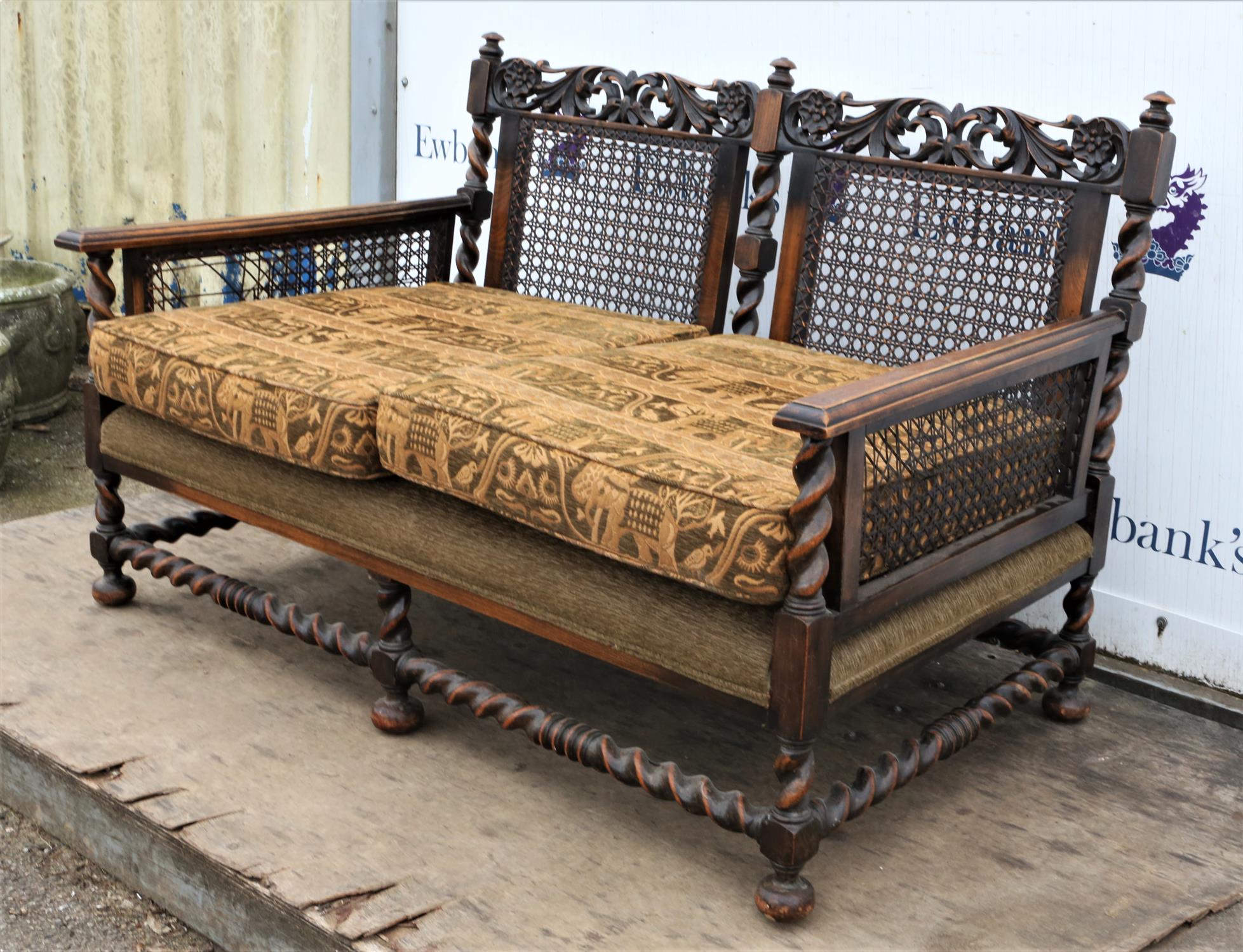 An English walnut and caned three piece bergere suite, in the William and Mary style,1930s, - Image 3 of 8
