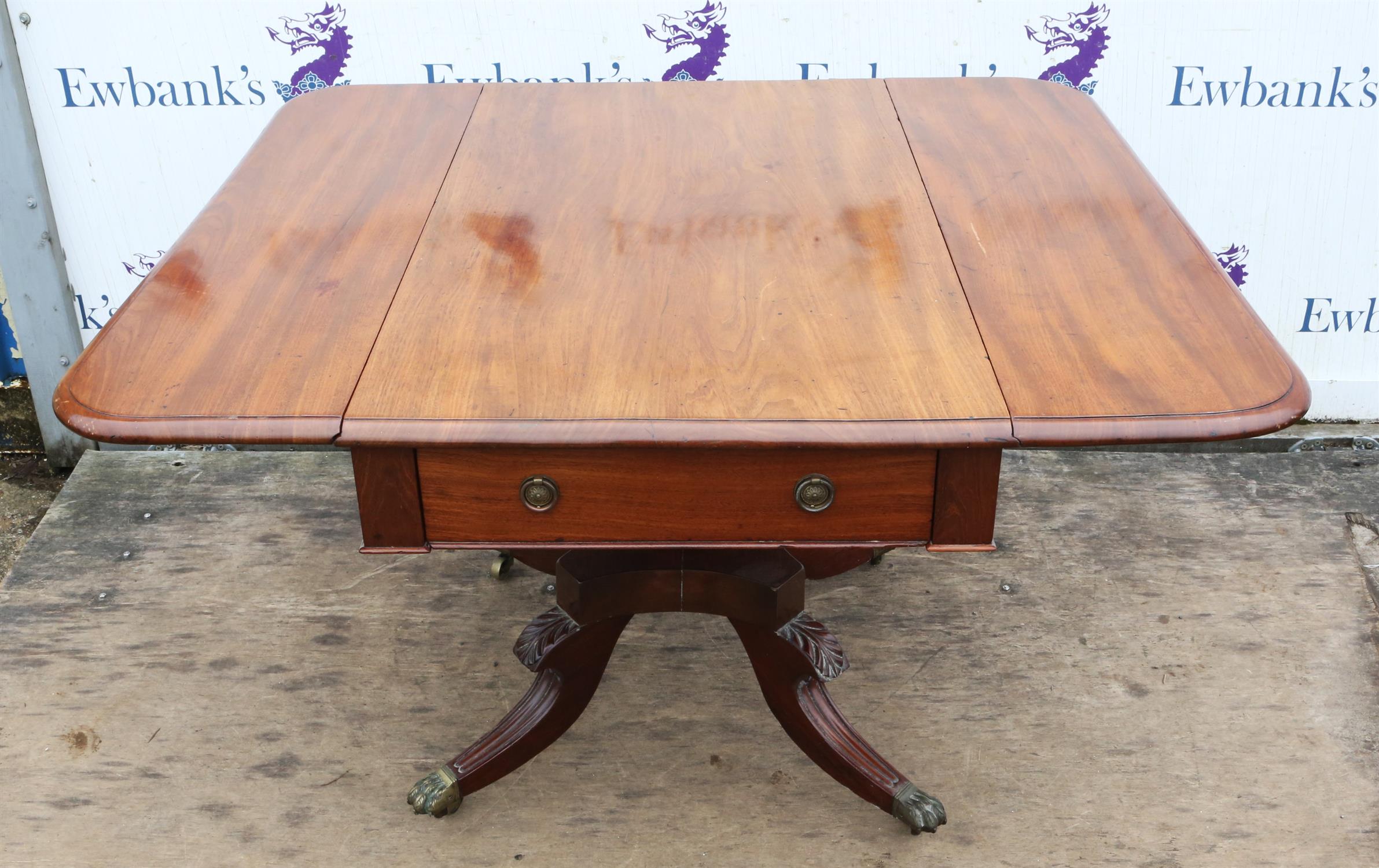 A George IV mahogany pedestal pembroke table, 1820s, the sold top above two drawers, - Image 11 of 12