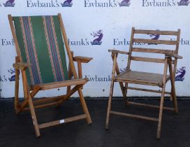 A folding deck chair, and another folding chair, with slatted seat and back (2)