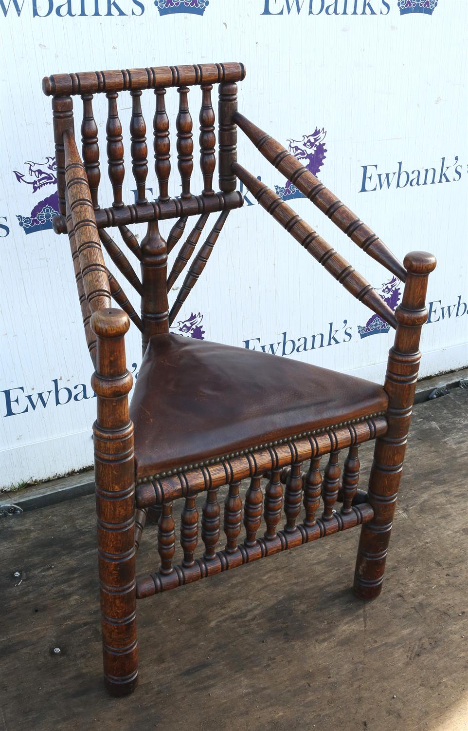 An Edwardian oak turner's chair,1900s, bobbin and ring turned, with later leather inset seat, - Image 2 of 5