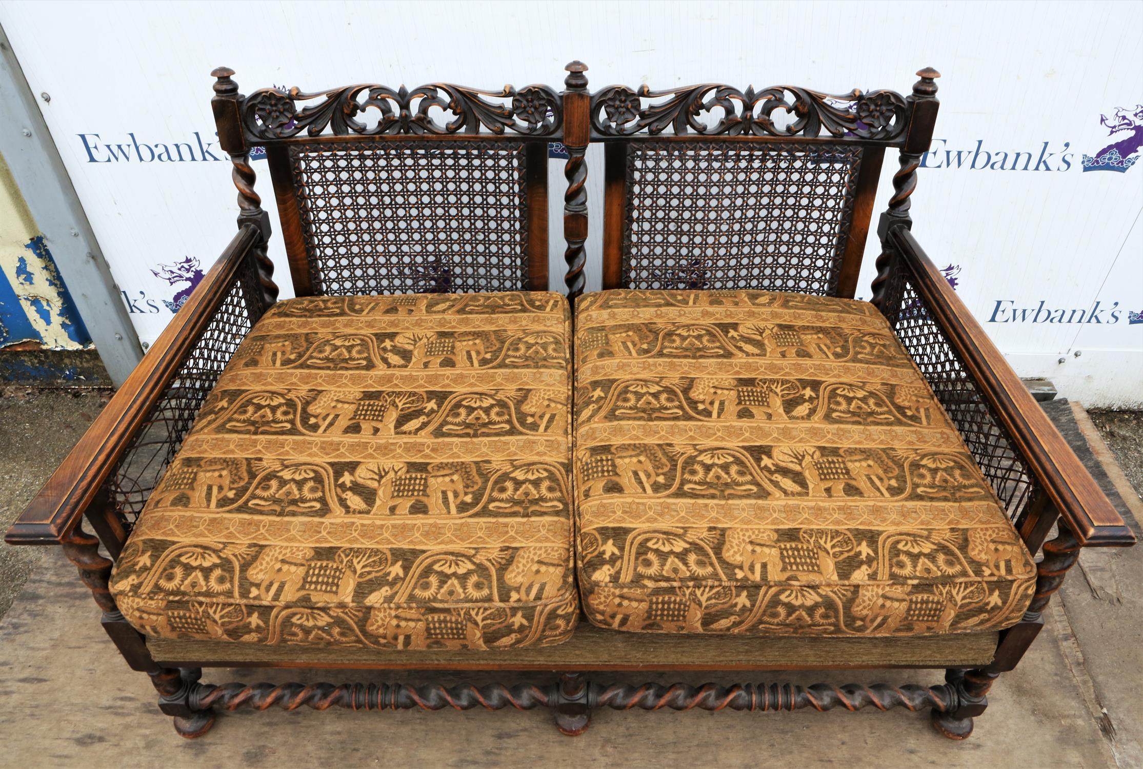 An English walnut and caned three piece bergere suite, in the William and Mary style,1930s, - Image 4 of 8