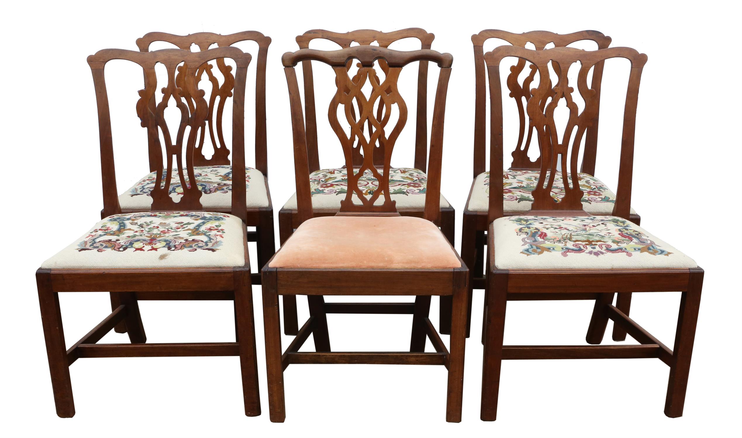 A set of five George III mahogany dining chairs, together with a further matched example, (6)