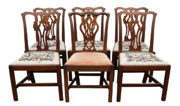 A set of five George III mahogany dining chairs, together with a further matched example, (6)