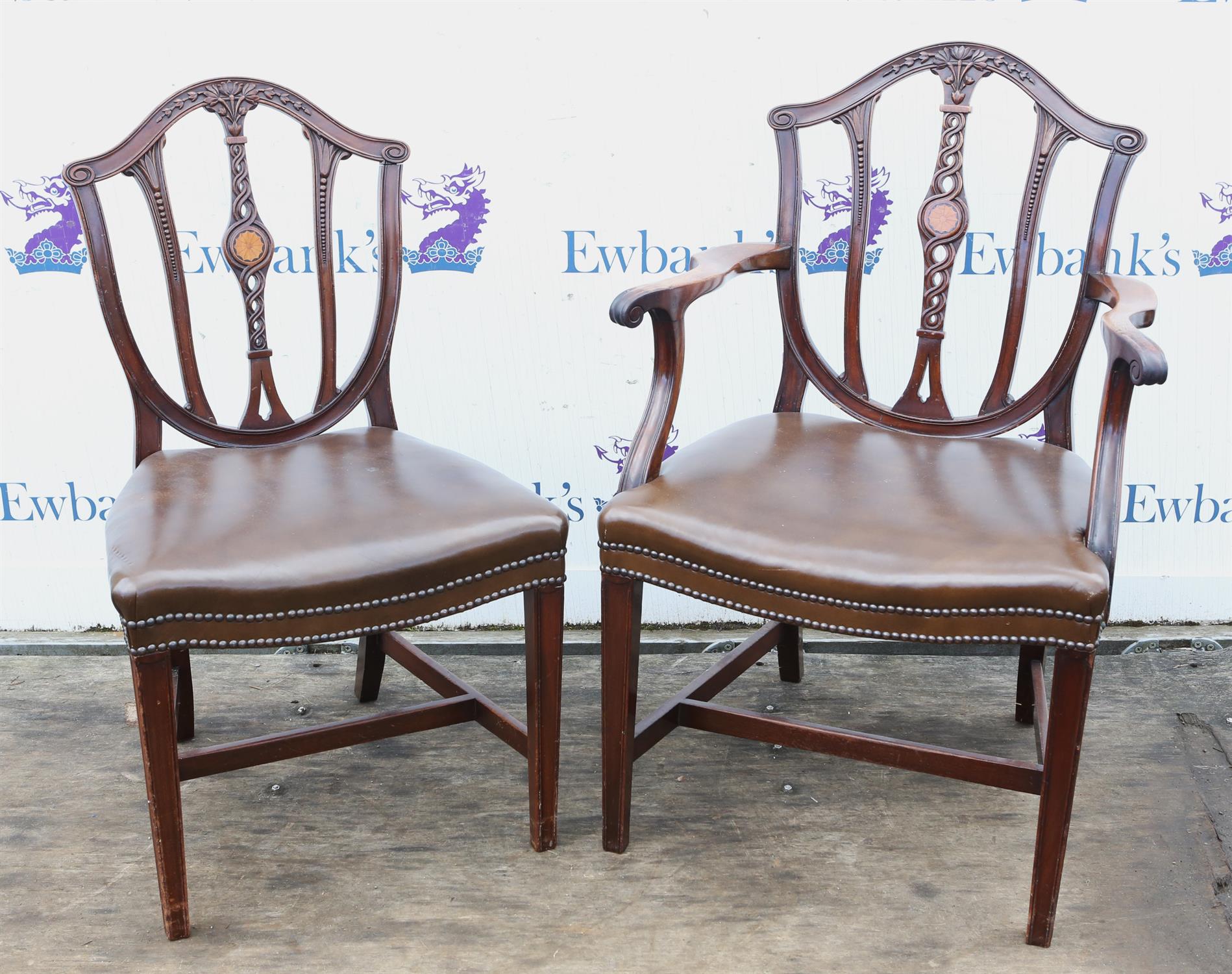 Eight Edwardian mahogany and inlaid Hepplewhite taste dining chairs, - Image 2 of 3