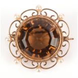1950's citrine and pearl brooch in 9 ct gold, hallmarked Edinburgh 1959, with pin and roller catch,