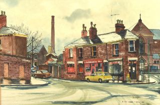 Donald Dakeyne (British b. 1931), A wet morning, Rishton Lane, Bolton, watercolour,