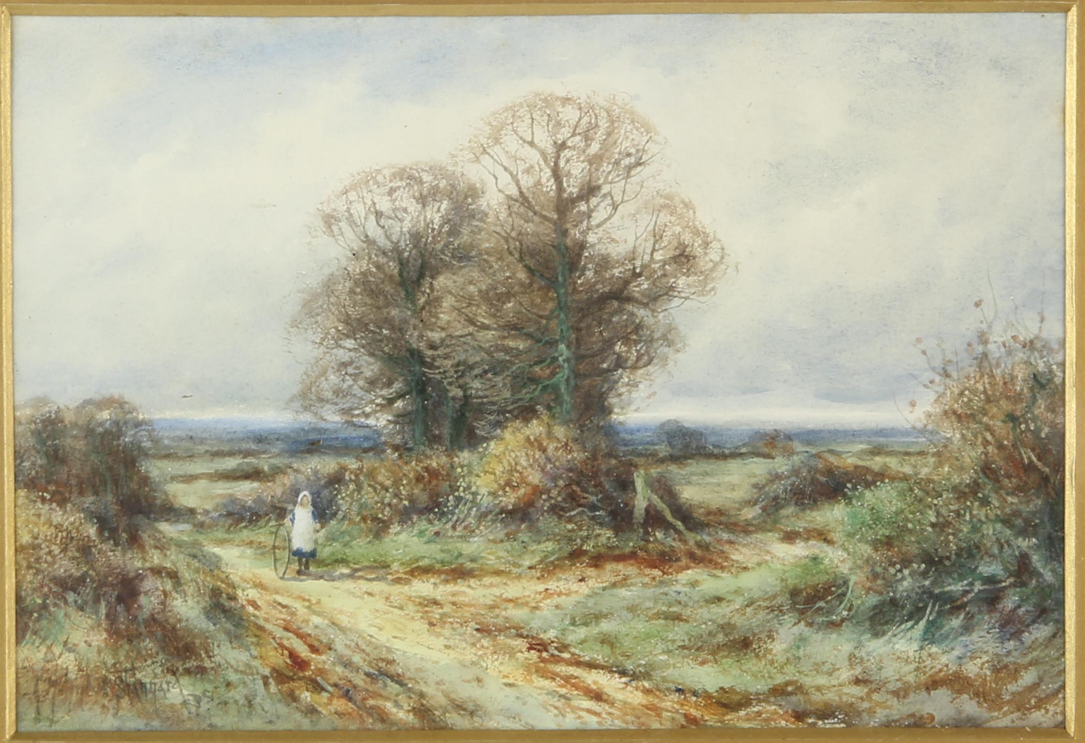 John Stannard (1784-1882), Girl with a cartwheel walking in a landscape, watercolour,