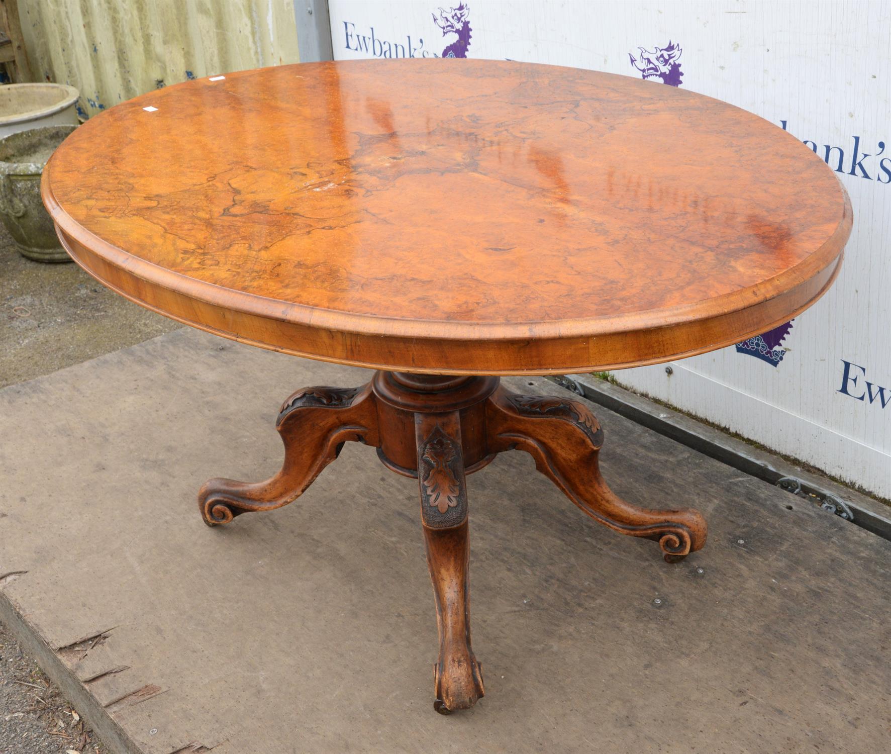 A Victorian walnut oval centre table, the burr walnut quarter veneered top on quadruple cabriole - Image 2 of 4