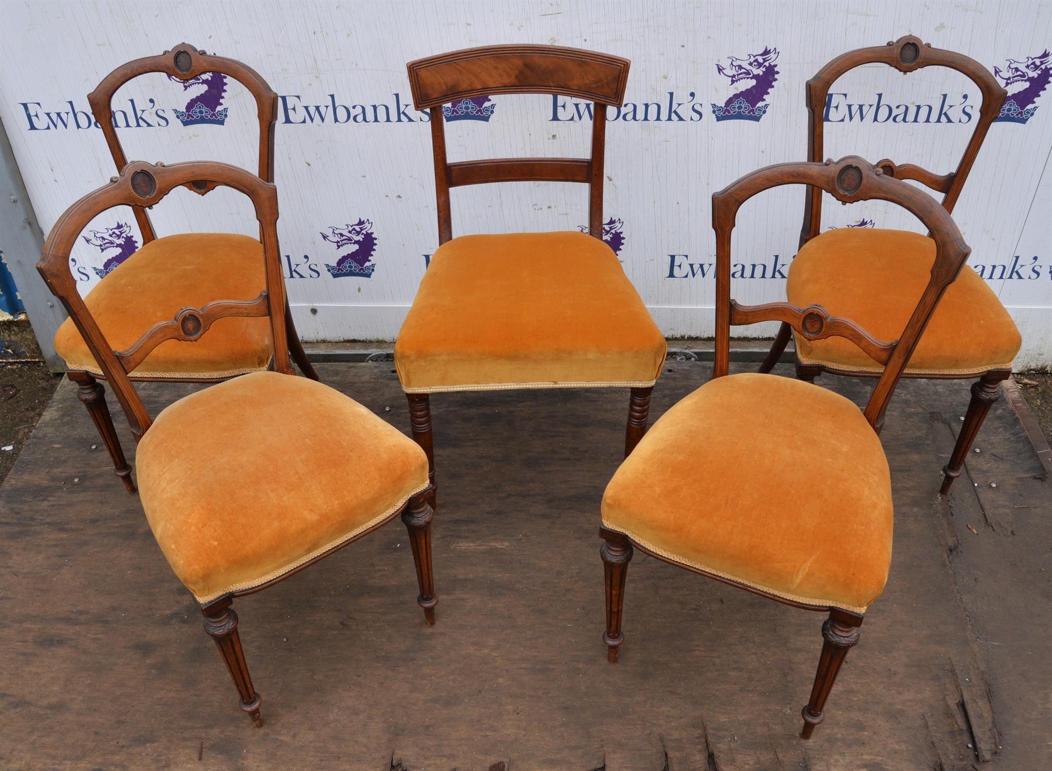 A set of four late Victorian rosewood salon chairs, inlaid with stringing, on fluted legs, - Image 2 of 4