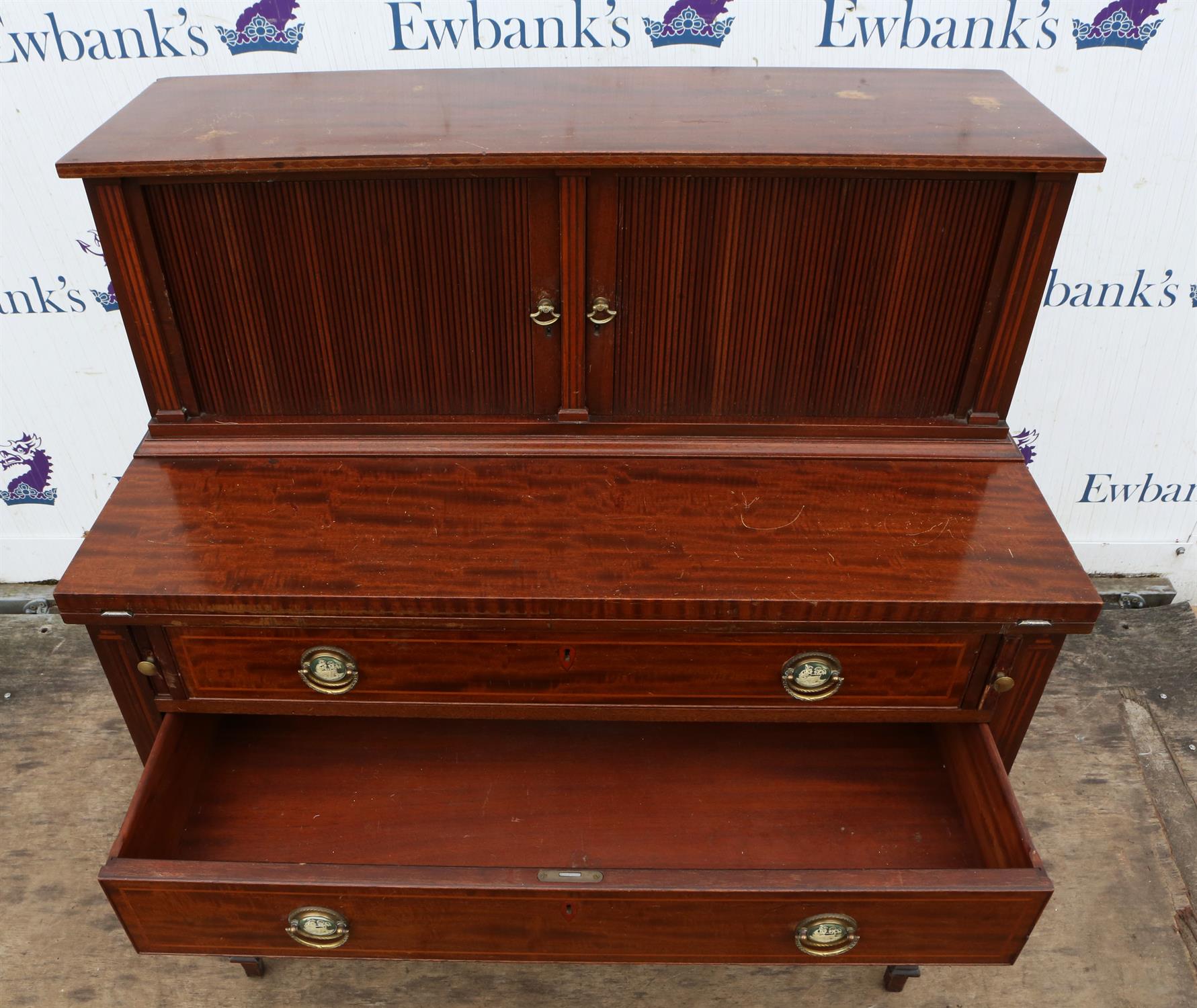 A George III style mahogany writing cabinet, Continental, the upper section with tambour doors - Image 3 of 6