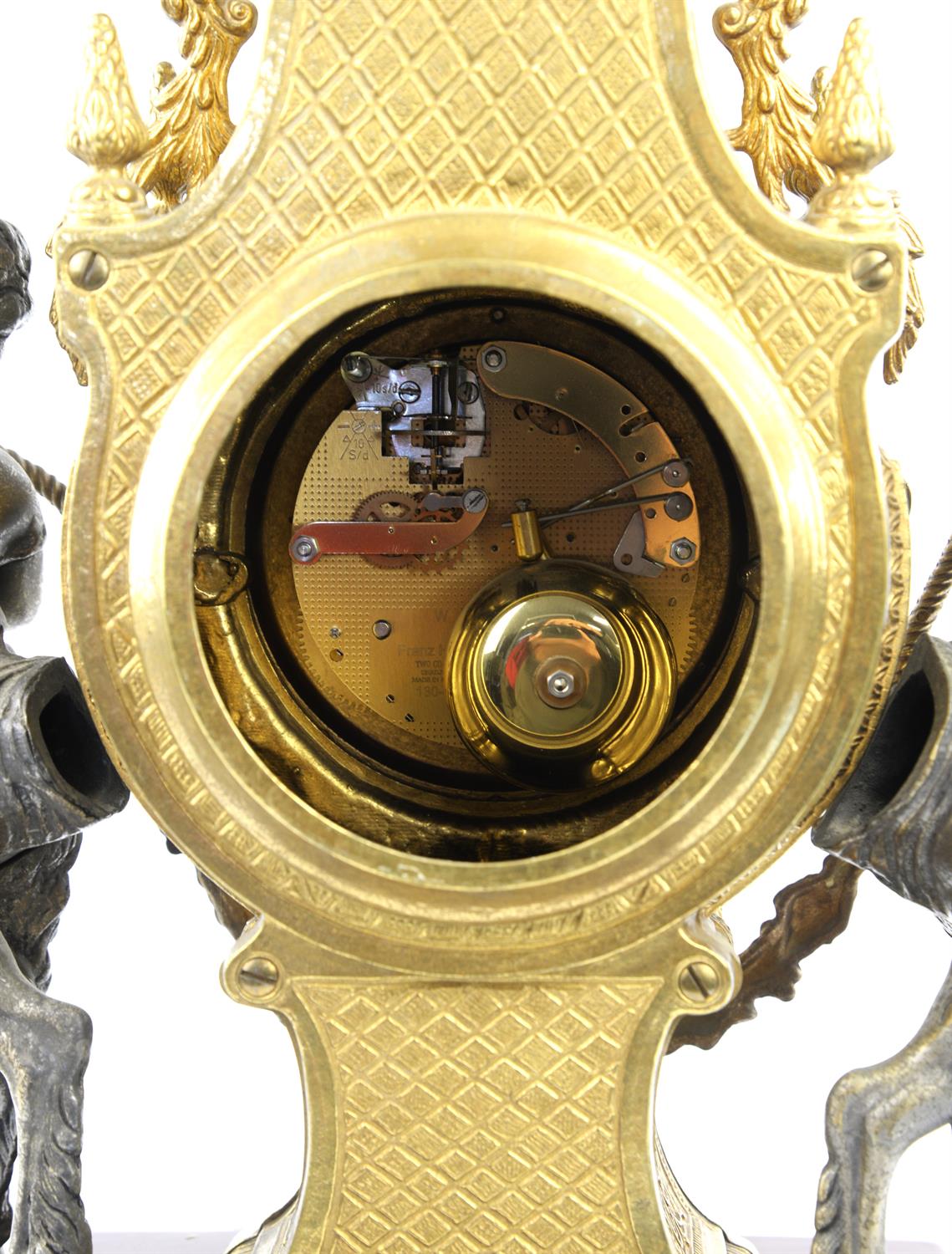 Louis XVI style gilt metal and burgundy porcelain mantel clock, 20th Century, with satyr mounts, - Image 3 of 4