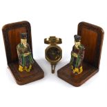 A quantity of 20th century collectables including ; a pair of wooden bookends mounted with pottery