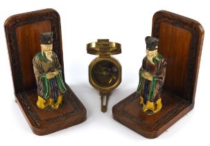 A quantity of 20th century collectables including ; a pair of wooden bookends mounted with pottery