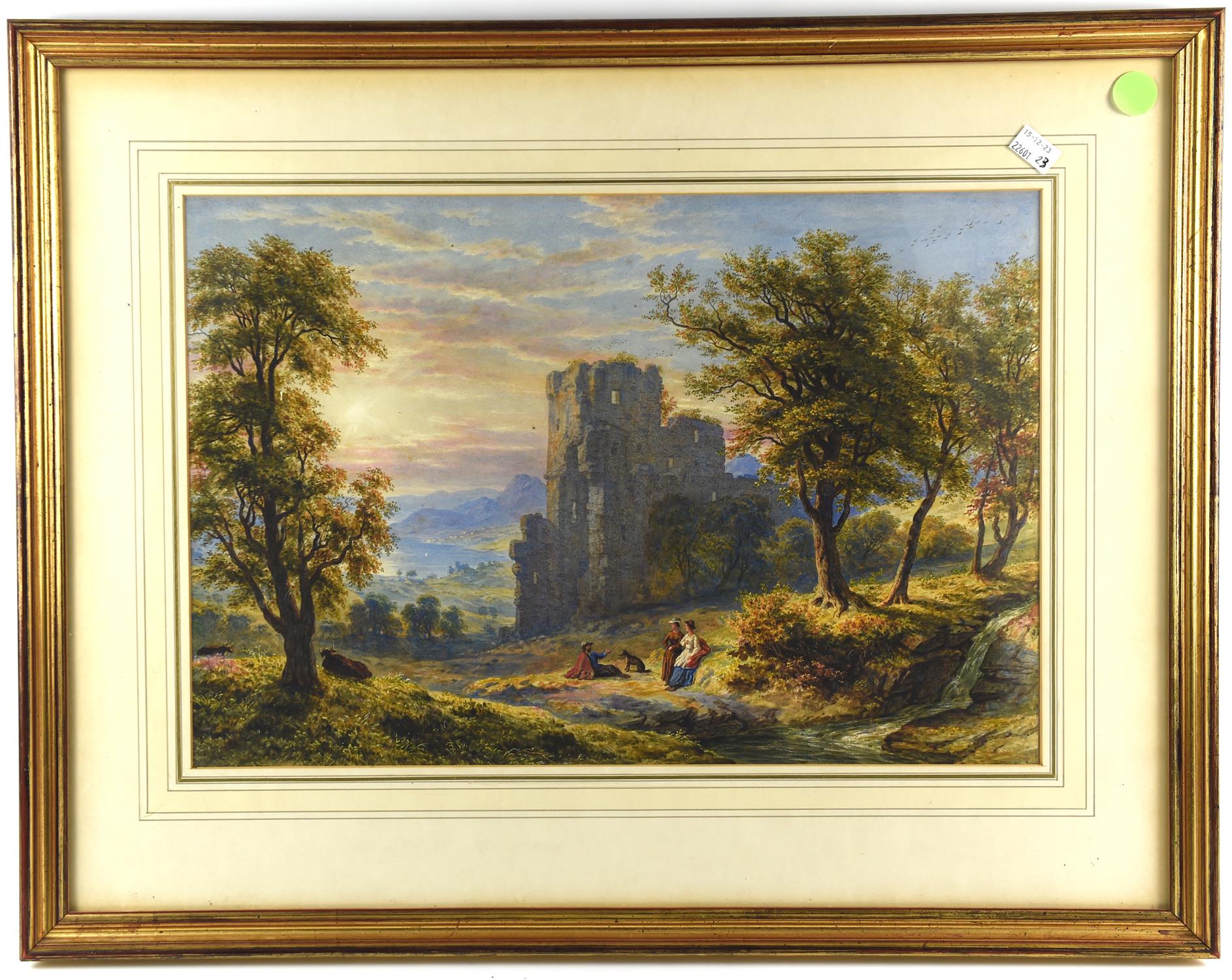 English School (19th century), Figures resting on a path by a ruined castle, watercolour, 33 x 49cm.