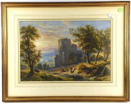 English School (19th century), Figures resting on a path by a ruined castle, watercolour, 33 x 49cm.