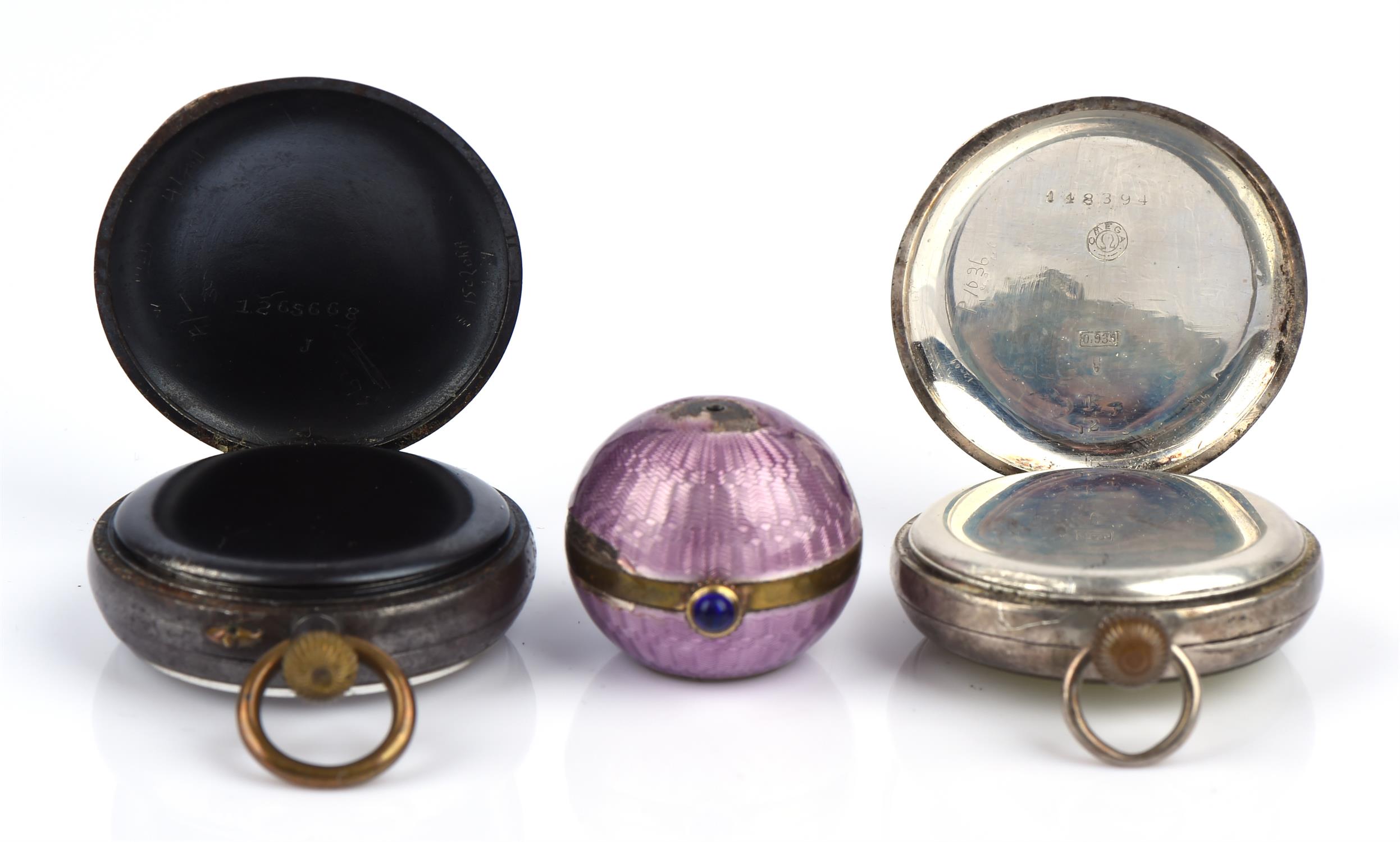 Three watches including two pocket watches and an enamel ball fob watch - an Omega silver open face - Image 4 of 4