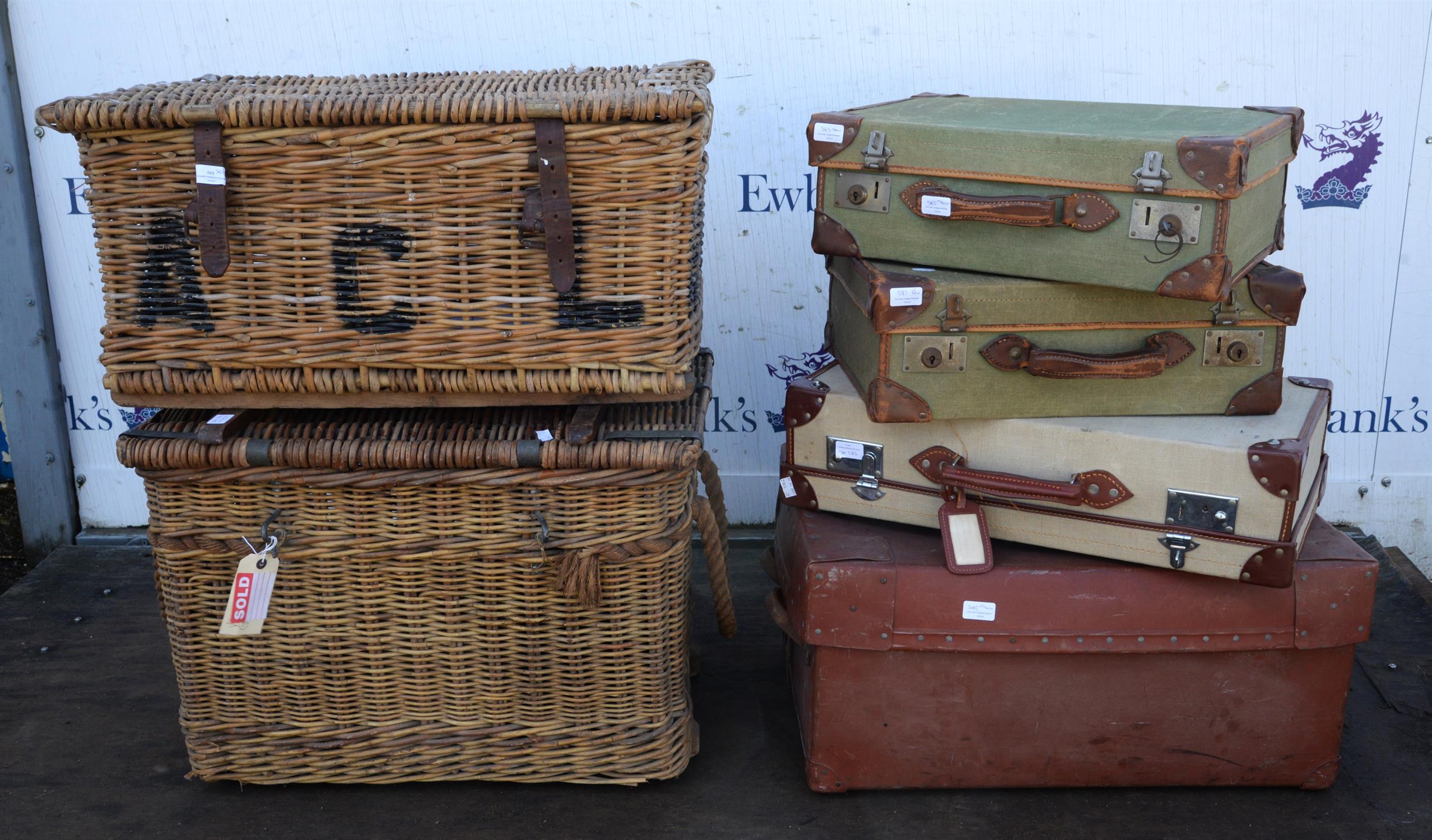 A large wicker hamper basket, 20th Century, 36cm high x 37cm wide x 54cm deep, with a similar