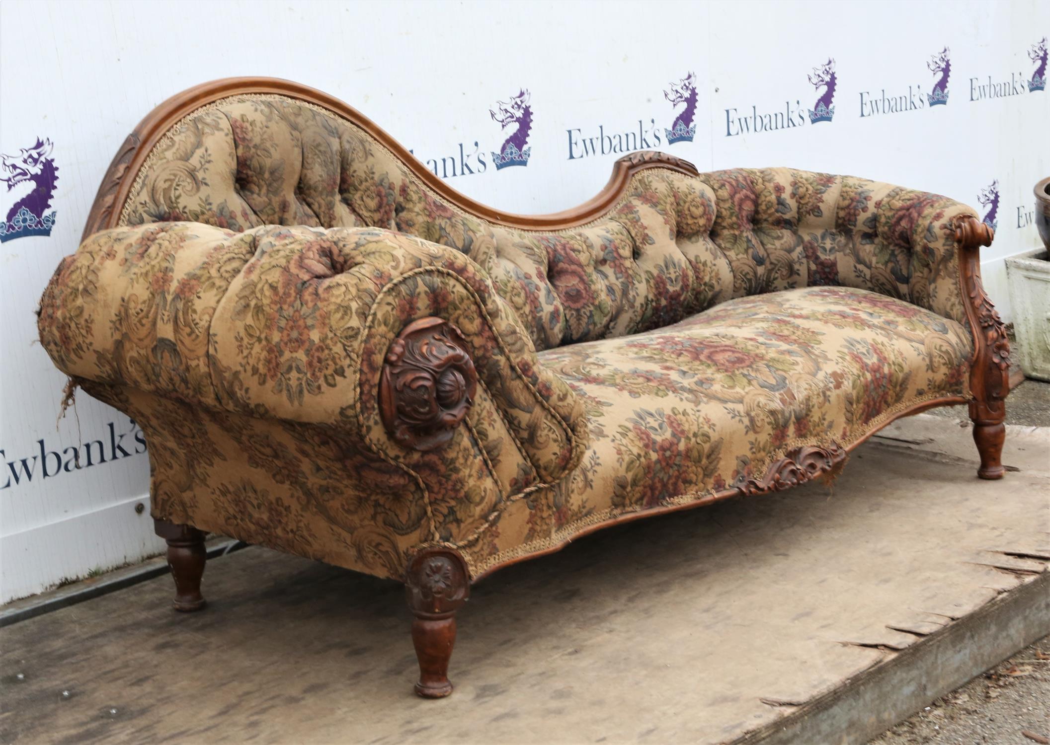 A Victorian walnut and upholstered chaise longue, the arm with a large leaf carved roundel, L 208cm - Image 3 of 4