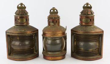 Three copper shipping lights by J. S. Starnes and Sons, two9 marked Port and Starboard, 32cm high(3)