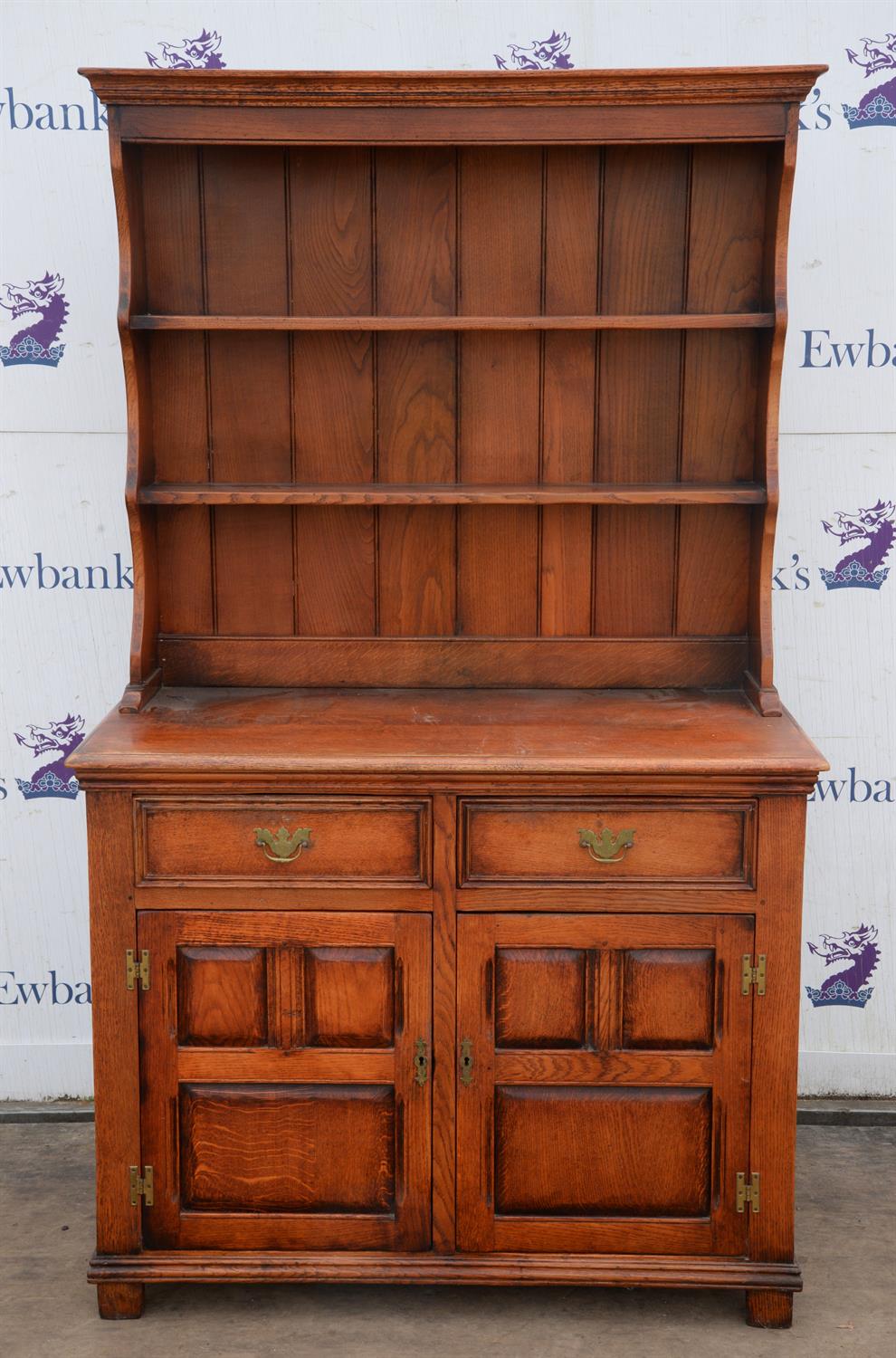 A George III style stained oak dresser, mid 20th century, H 188cm, W 112cm, D 52cm