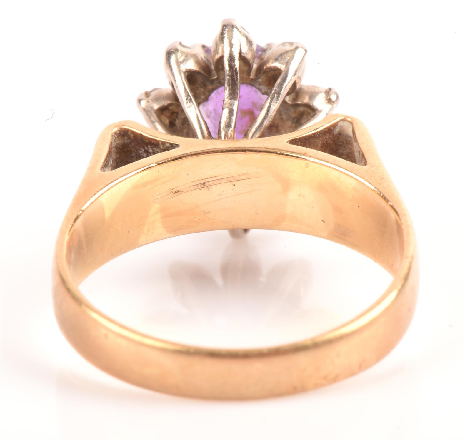 Amethyst and diamond ring, oval cut amethyst surrounded by ten single cut diamonds, - Image 4 of 5