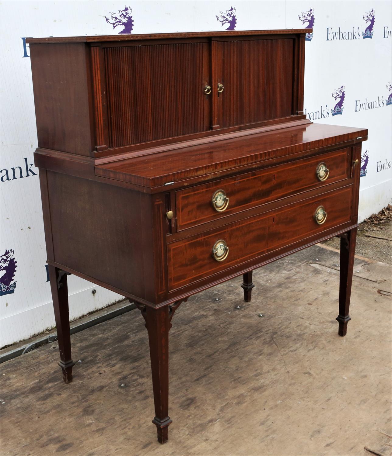 A George III style mahogany writing cabinet, Continental, the upper section with tambour doors - Image 4 of 6
