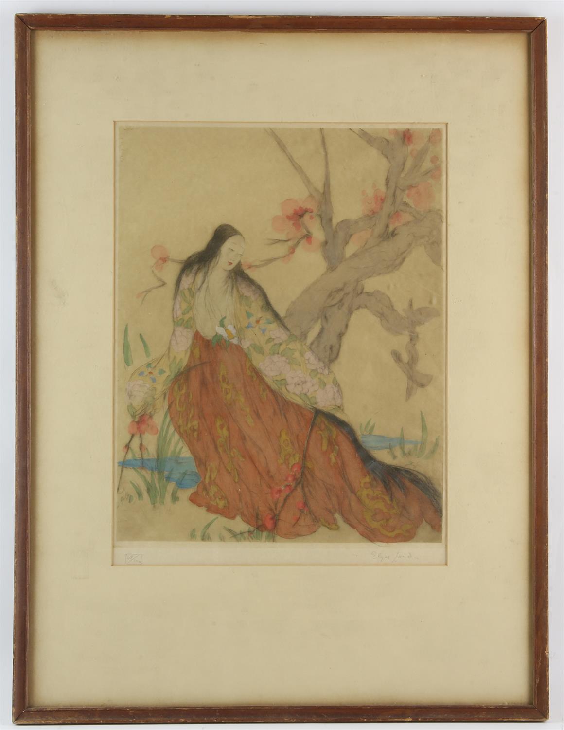 Elyse Ashe Lord (1900-1971), Girl by a blosson tree, colour etching, signed lower right, - Image 2 of 2