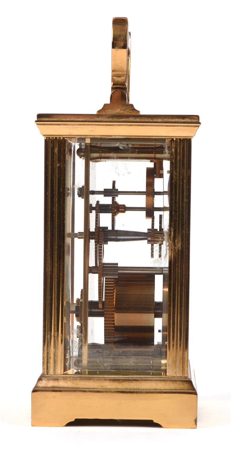 Garrard and Co. Ltd, a brass carriage clock, with white enamel dial, Roman numeral chapter room, - Image 5 of 7