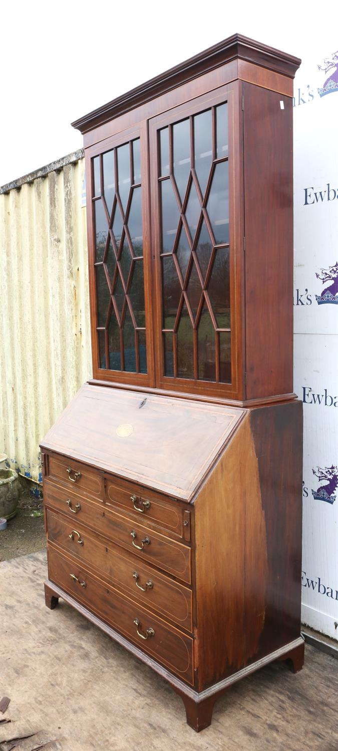 A George III mahogany bureau bookcase, top and base associated, later strung and banded, H 213cm, - Image 7 of 10