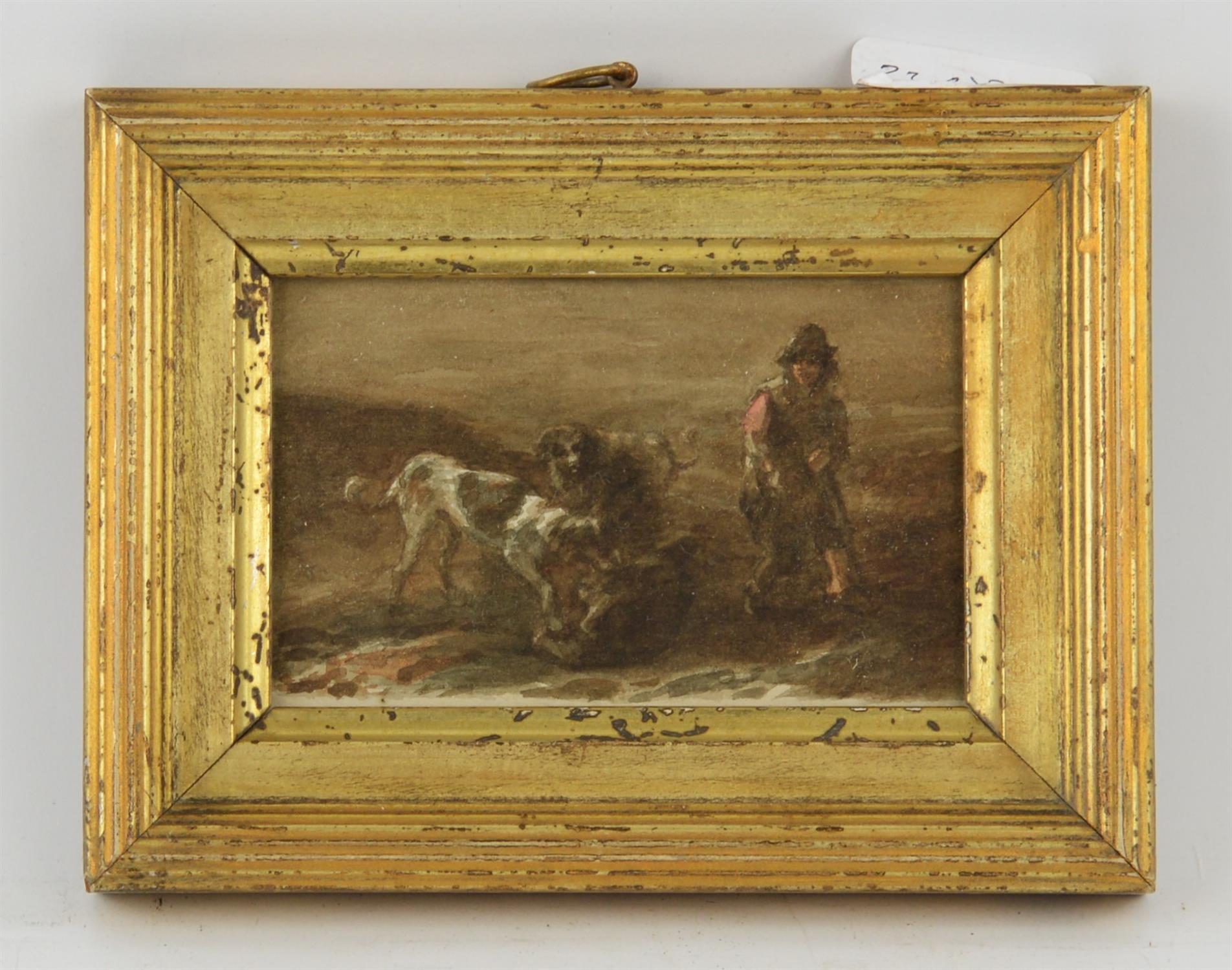 English School (19th century), A young man in a landscape with three large dogs playing beside him; - Image 2 of 2