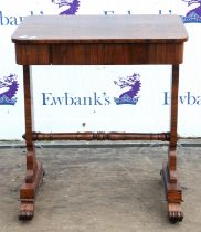 Rosewood side table, 19th Century, the rectangular top with frieze drawer, on shaped end supports