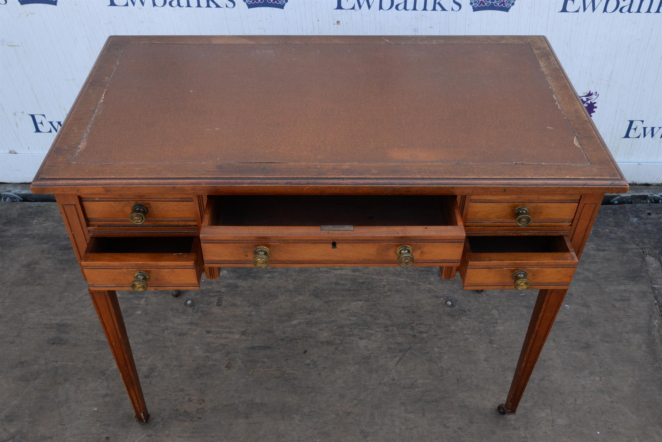 Edwardian desk, with faux leather writing surface, above five small drawers, on tapering legs, - Image 2 of 3