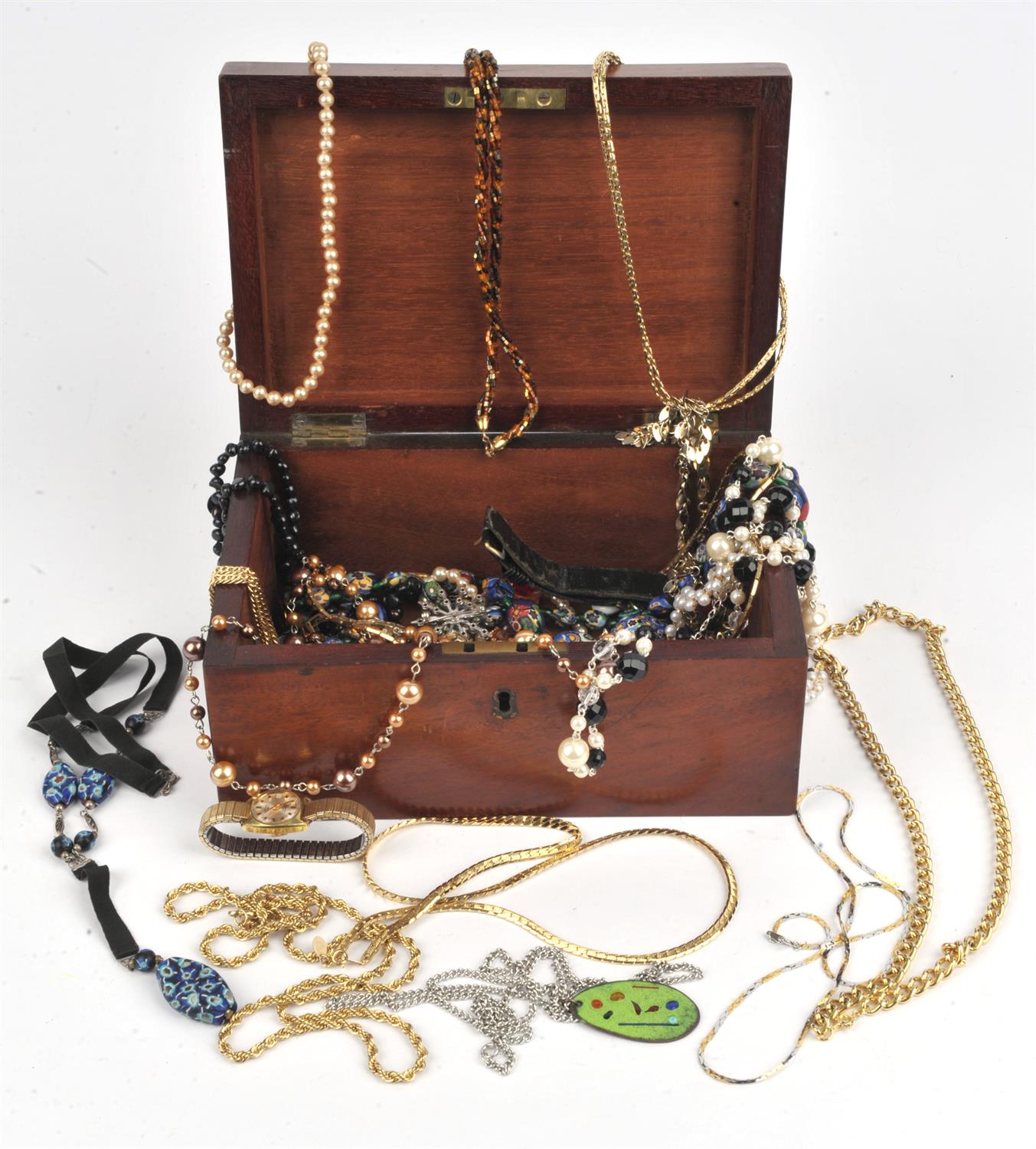 A wooden jewellery box containing costume jewellery, including a Murano glass graduated bead