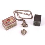 A group of costume jewellery, including a paste set deco double clip, a paste set heart pendant,
