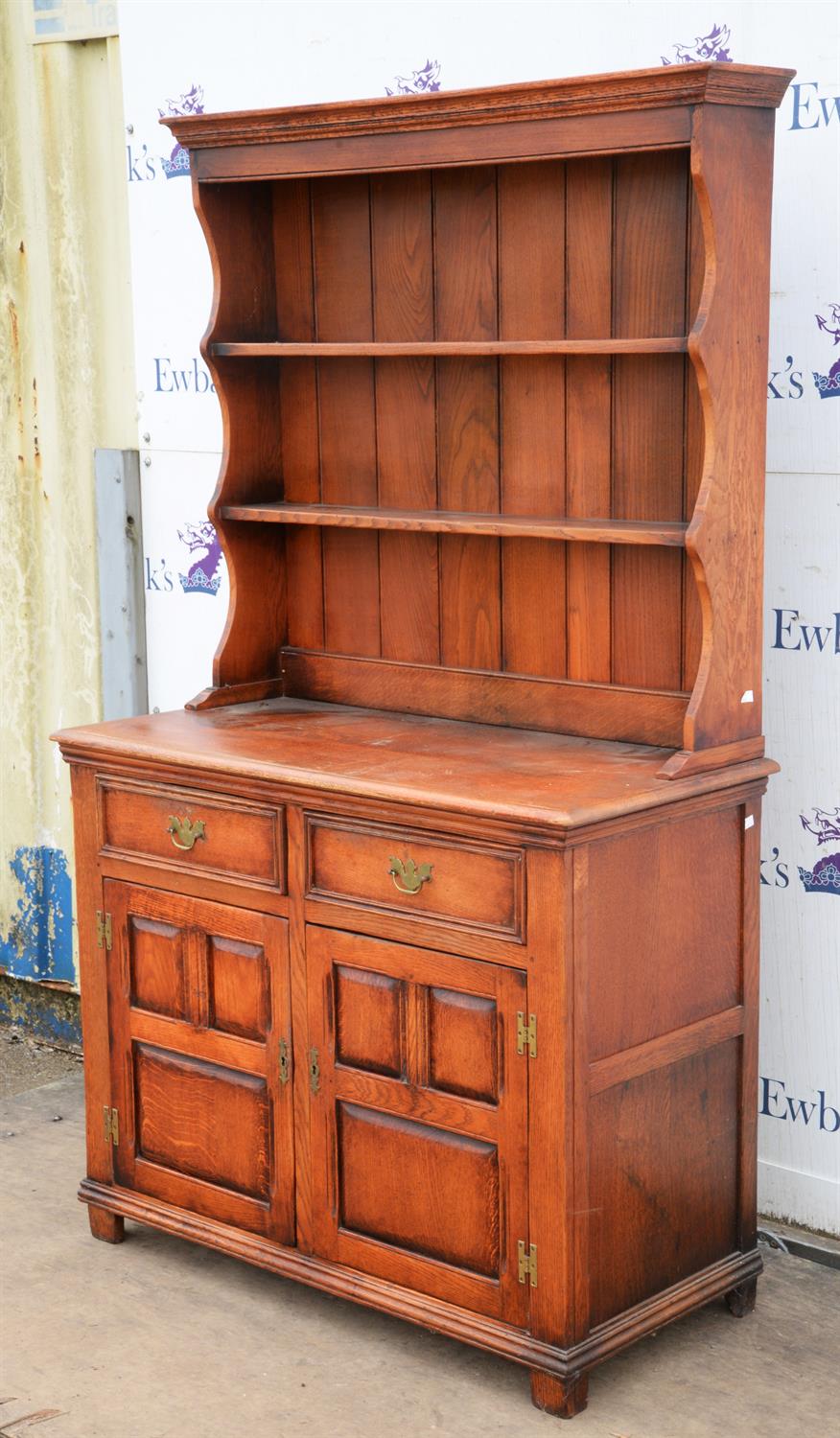 A George III style stained oak dresser, mid 20th century, H 188cm, W 112cm, D 52cm - Image 3 of 5