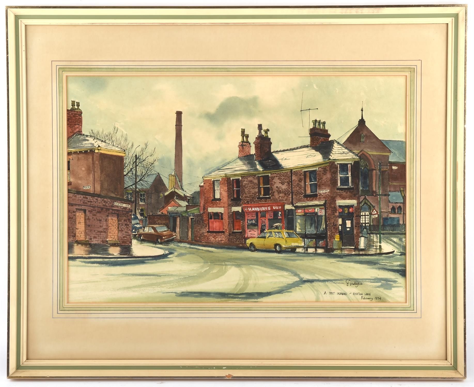 Donald Dakeyne (British b. 1931), A wet morning, Rishton Lane, Bolton, watercolour, - Image 2 of 3