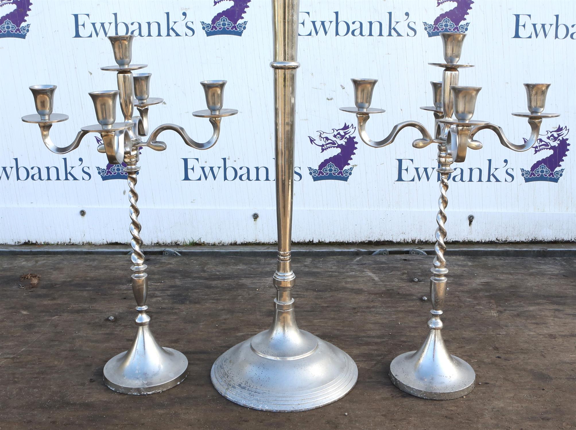 A modern tall silver metal five light candelabra, 155cm high. and a pair of smaller similar - Image 4 of 8