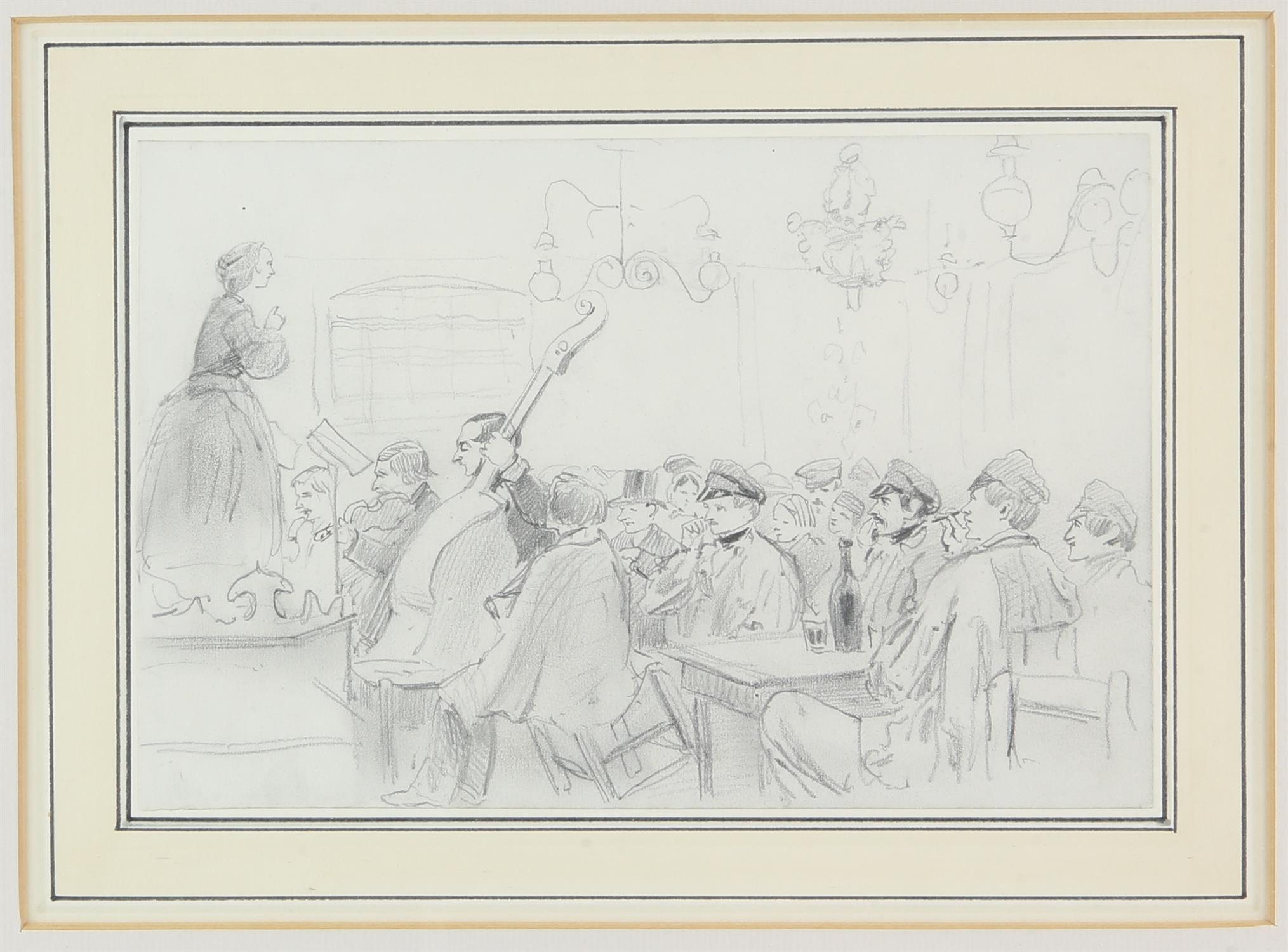 French School (19th century), The recital; Figures in a tavern, a pair of pencil drawings,