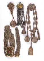 A silver chatelaine, silver necklace and a silver choker, inset, together with two brass and metal