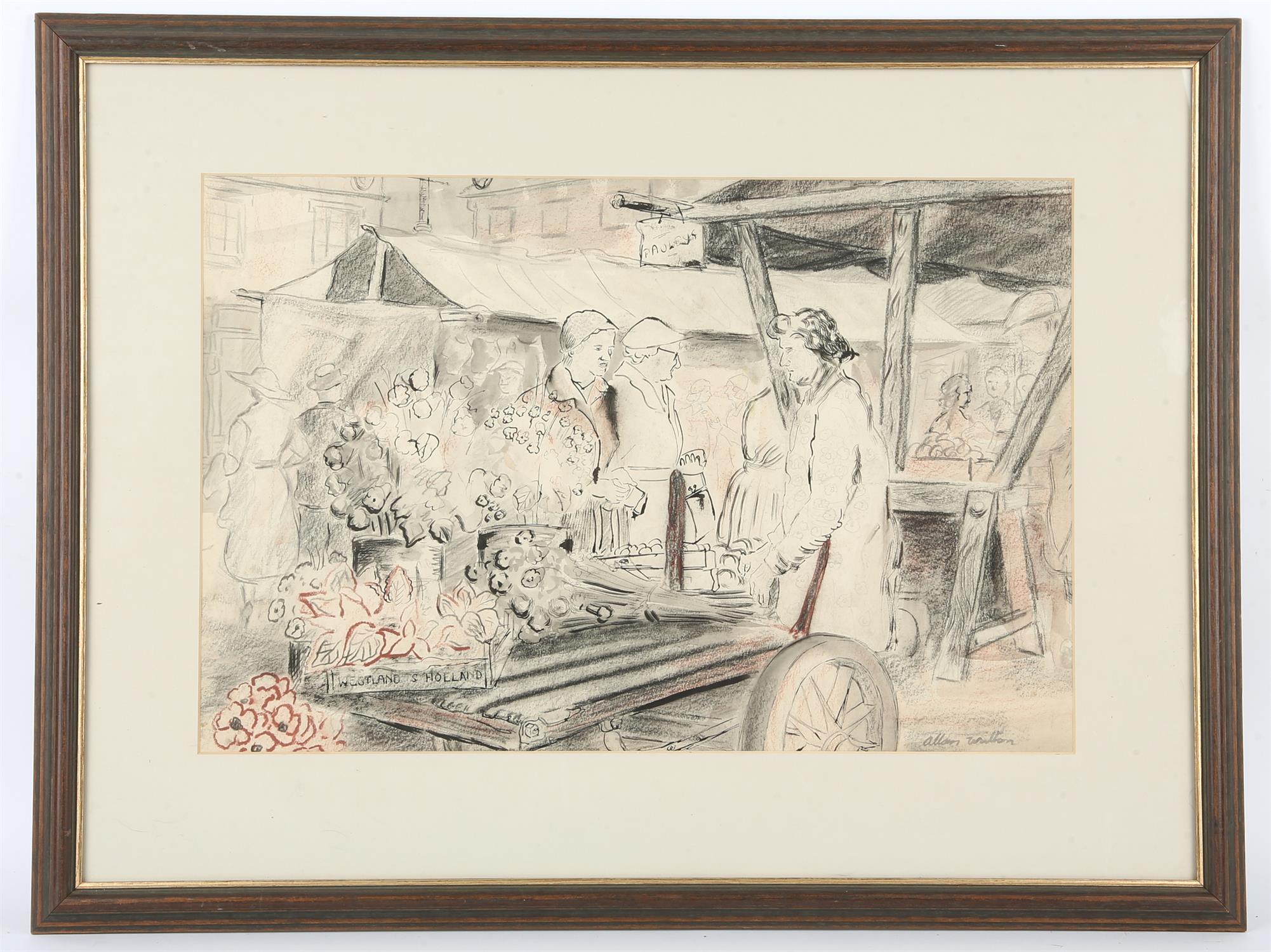 Allan Walton (1892-1948), Pauley's Stall, Stamford Market, Lincs, pen, ink, charcoal and red chalk, - Image 2 of 4