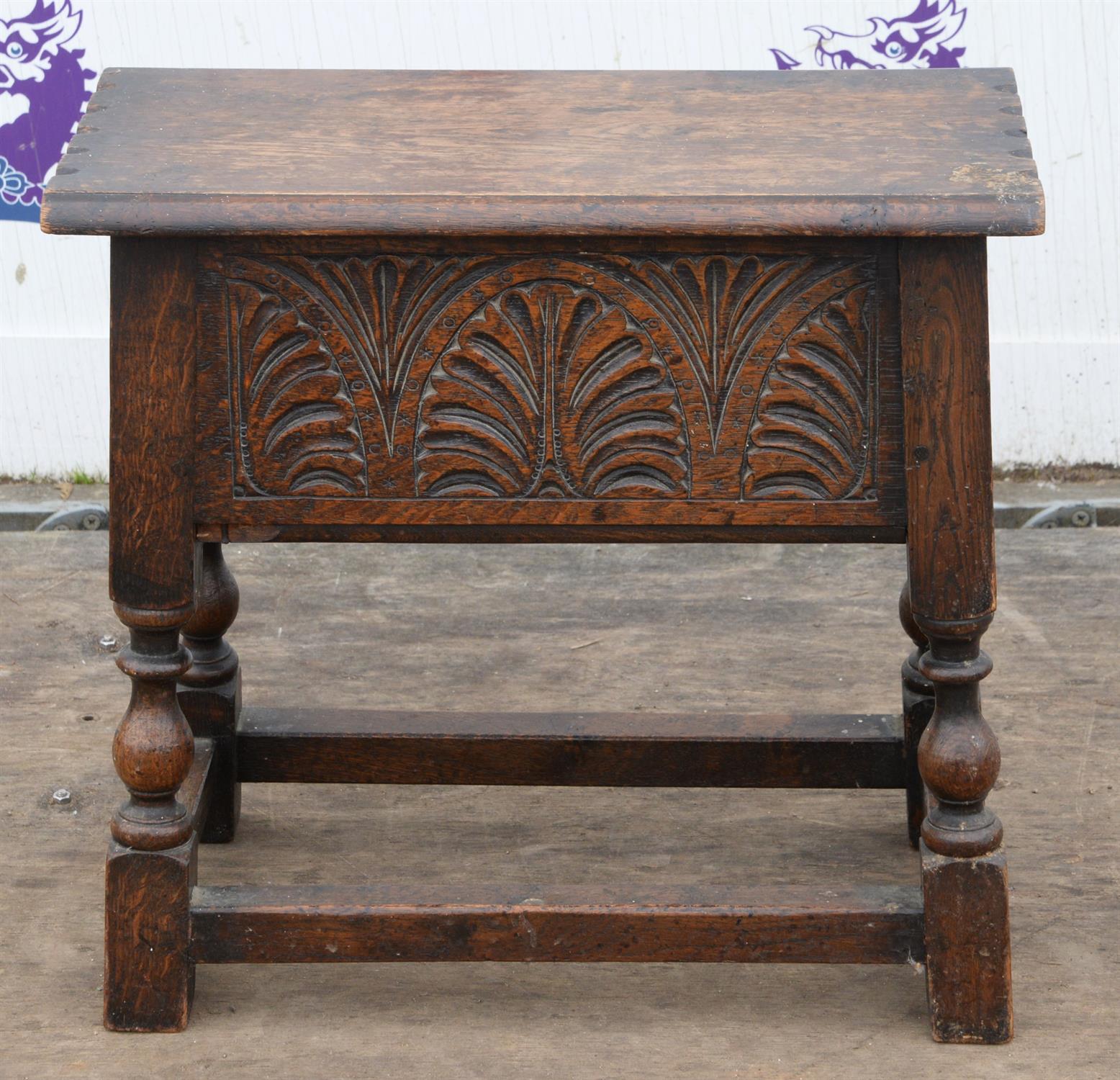 A Charles II style oak box seat stool, 1920s/30s, H 48cm, W 50cm, D 25cm