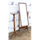 Oak pedestal, with twist column, on tripod base, 106cm high, together with an oak cheval mirror,