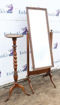 Oak pedestal, with twist column, on tripod base, 106cm high, together with an oak cheval mirror,