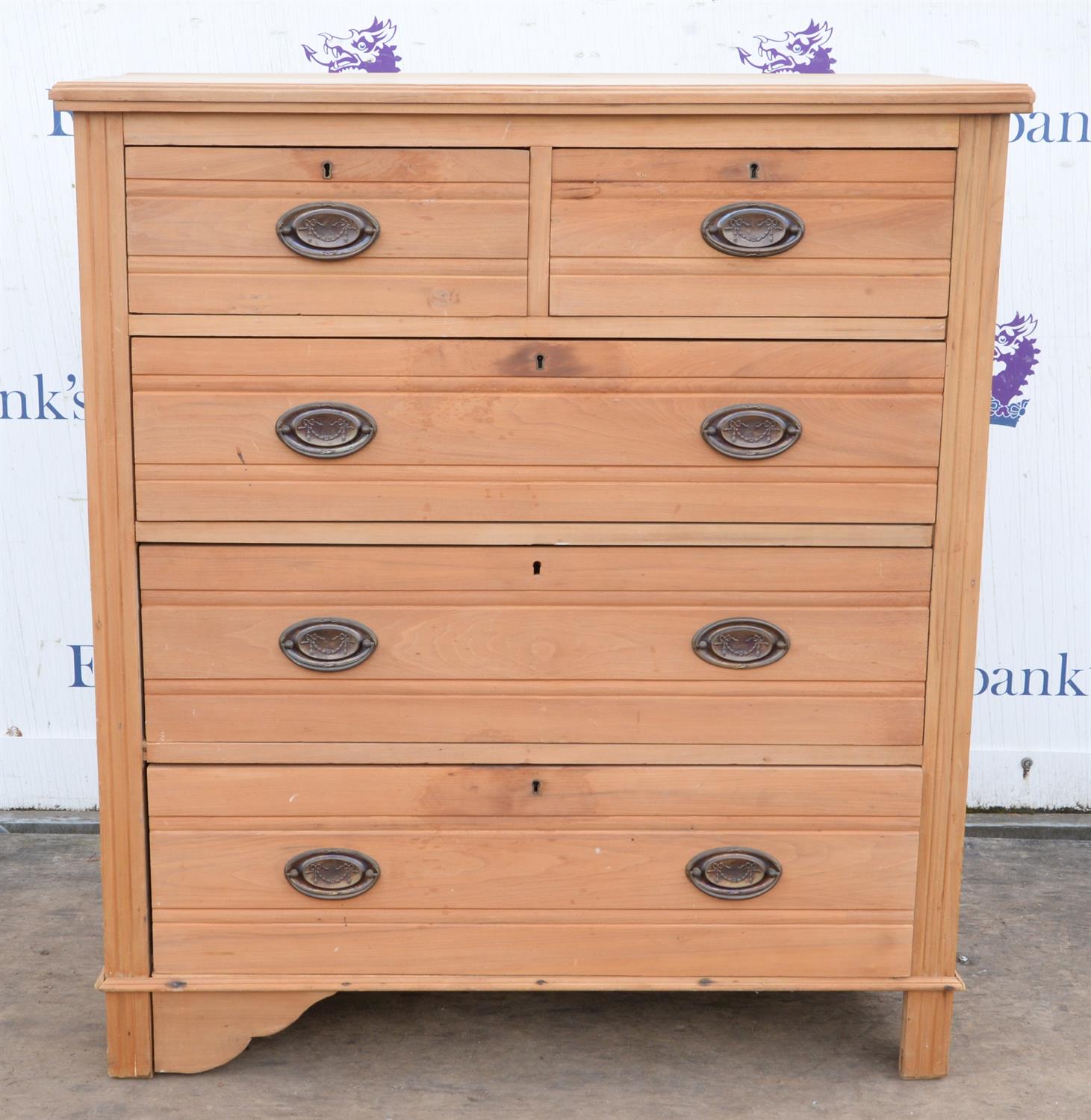 An Edwardian walnut chest of drawers, stripped down, H 110 cm, W 99cm, D 47cm