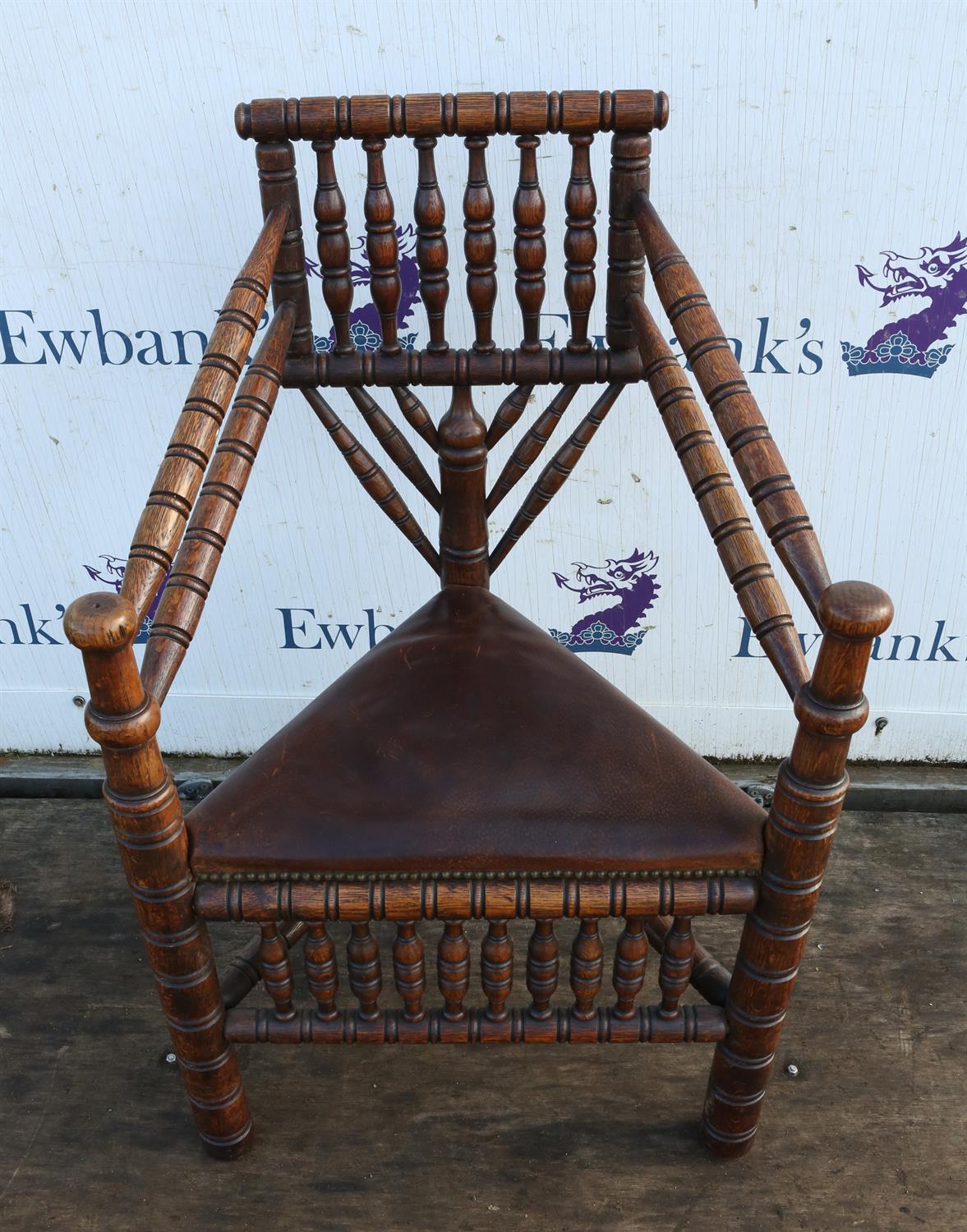 An Edwardian oak turner's chair,1900s, bobbin and ring turned, with later leather inset seat, - Image 5 of 5